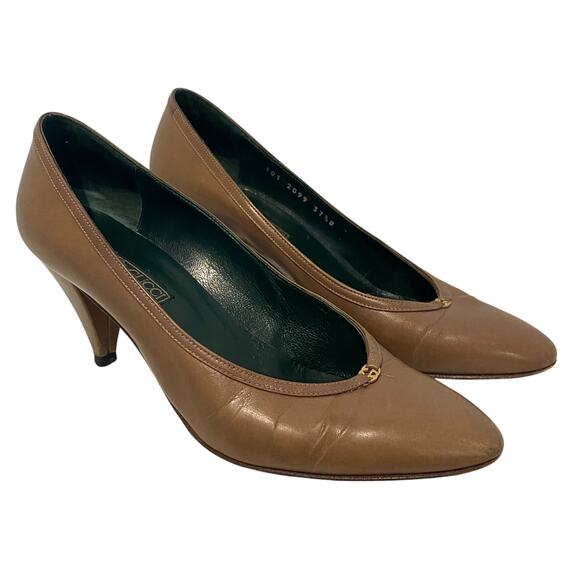 VINTAGE 80s AUTHENTIC GUCCI Closed Almond Toe Heels Brown GG Charm Size 37.5 - Picture 2 of 12